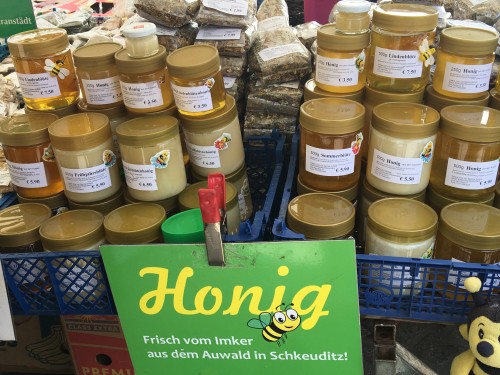Local honey seen at a Leipzig farmers market